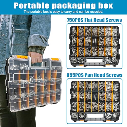 1609 PCS Machine Screws Assortment Kit, 304 Stainless Steel Nuts and Bolts,Phillips Pan Head and Flat Head Screws with Nuts, Bolts,Washers and 4pcs Screwdriver Bit, Double Sided Organizer