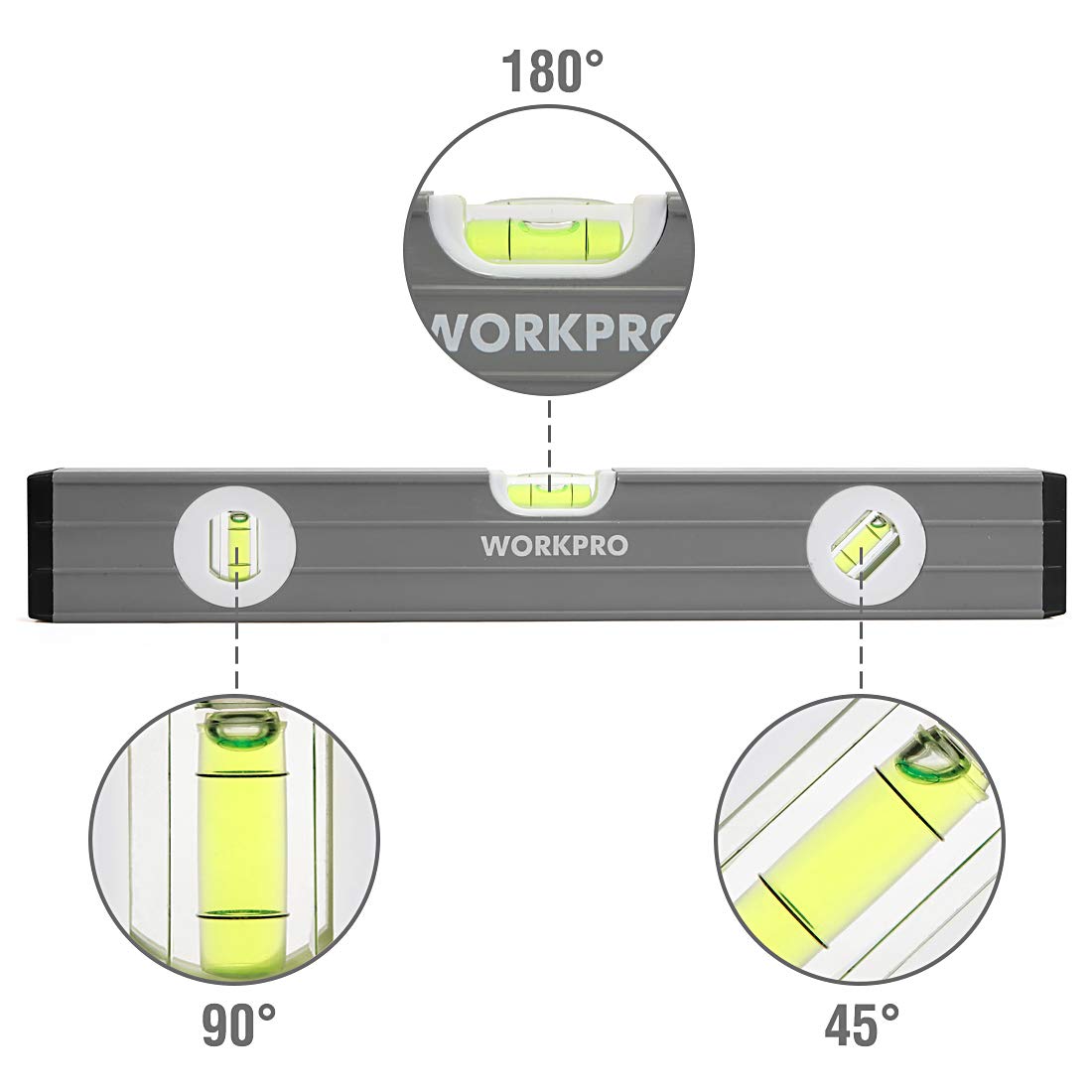WORKPRO Torpedo Level, 3-Piece Spirit Level Set, 9"(Magnetic), 16", 24", Bubbles Measuring