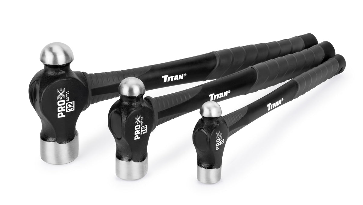 Titan Pro-X 63706 3-Piece Ball Pein Hammer Set, Includes 8oz, 16oz & 32oz Ball Peen, Overstrike Protection, Forged Steel Heads, Shock Absorbing Fiberglass Handles & Textured Grips