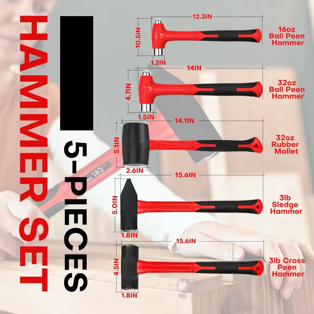 C&T 5-Piece Hammer Set, 16oz Ball Peen Hammer, 32oz Ball Peen Hammer, 32oz Rubber Mallet, 3lb Sledge Hammer, 3lb Cross Peen, Fiberglass Handle & Mallet Set