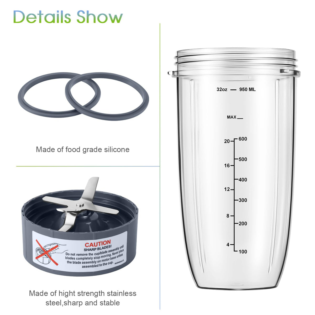 New Blender Cup and Blade Replacement Parts32oz Cup and Extractor Blade and 2 RubberGaskets 4-Piece Compatible with NutriBullet High-Speed Blender/Mixer System 600W/900w Series
