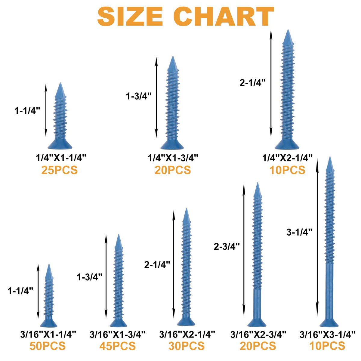 VIGRUE 1/4" 3/16" Concrete Screws Assortment Kit