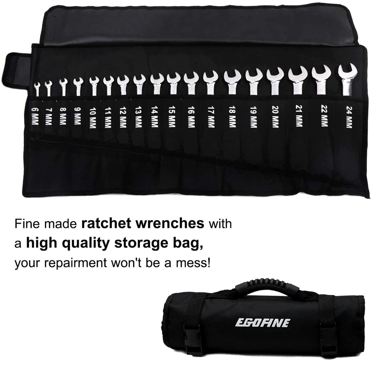 Egofine Ratcheting Wrench Set, 6 mm - 24 mm Metric Wrench Set 18pc, 72 Teeth Combination Wrenches Set, Chrome Vanadium Steel with a Roll Up Storage Bag