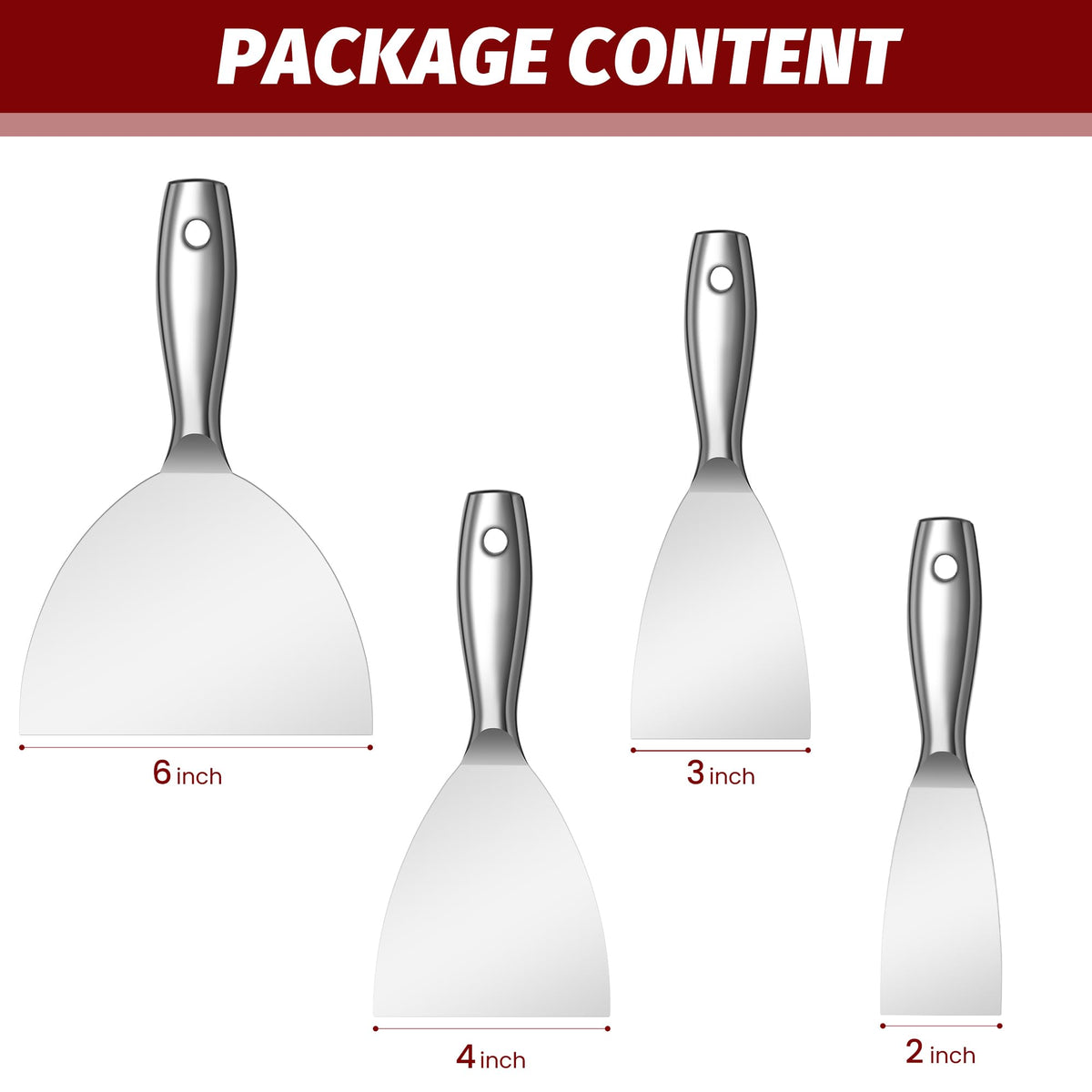 SUMED Putty Knife Set, 2/3/4/6in All-Stainless Steel Scraper Tools, 4PCS
