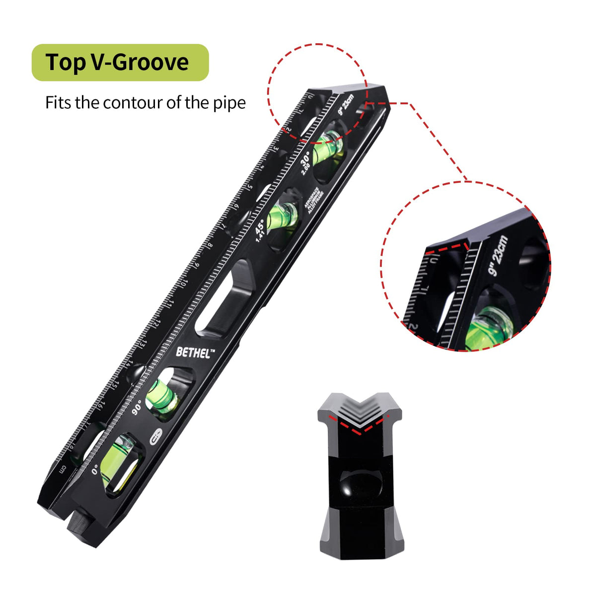 BETHEL Torpedo Level, Magnetic Conduit Level with 4 Vials, V-Groove and Magnet Track,Aluminum Alloy Construction, High Viz Black (9 inch)