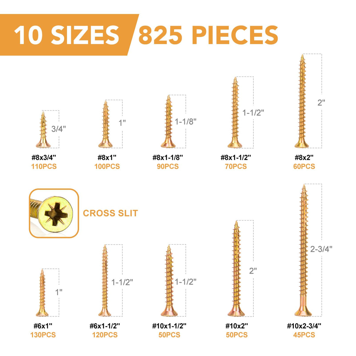 VIGRUE 825PCS Wood Screws #6#8#10 Phillips Flat Head Self Tapping Screws