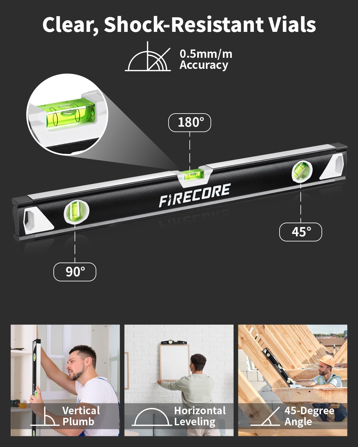 Firecore 4-Piece Shockproof Spirit Level Set with Enhanced Magnetic Hold