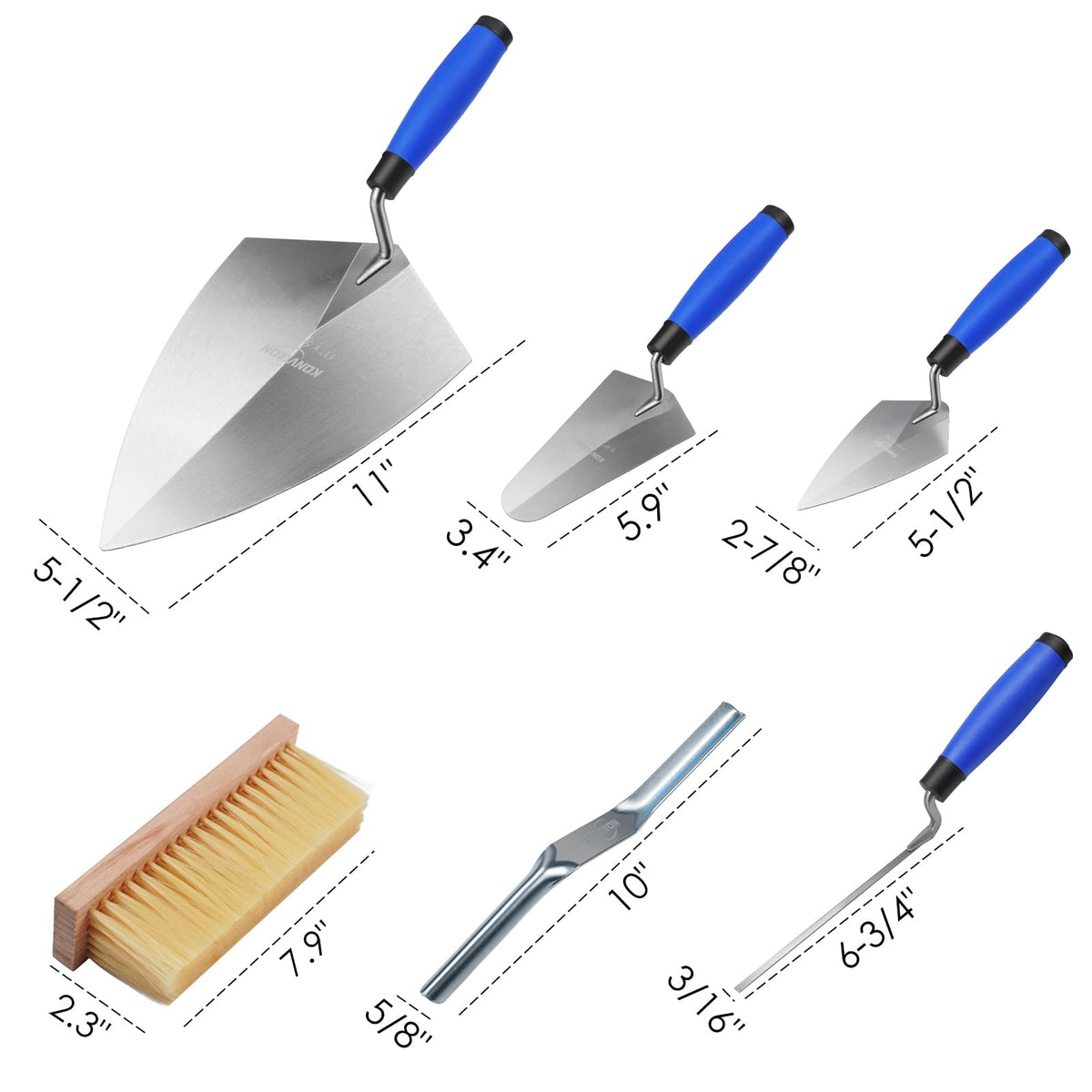 Konvixon 6PCS Masonry Hand Tools Set, 11"x5-1/2" Philadelphia Brick Trowel, 5.9"x3.4" Gauging trowel, 5-1/2"x2-7/8" Pointing Trowel, 10"x 5/8" Convex Brick Jointer, Tuck Pointing Trowel, Masonry Brush