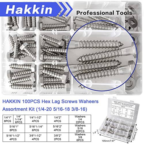 Hakkin 100PCS 1/4" 5/16" 3/8" Hex Lag Bolts Screws Washer Assortment Kit, Hexagon Head Lag Screws 304 Stainless Steel,Heavy Duty Wood Screws Assortment Kit Length Include 1" 1-1/4" 1-1/2" 2"