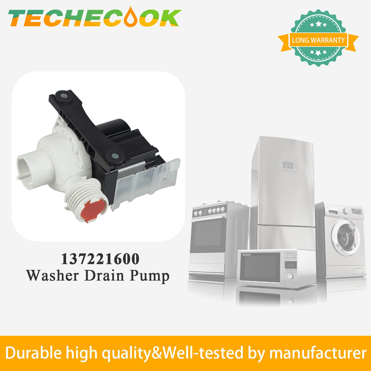 137221600 134051200 137151800 Washer Drain Pump by Techecook (365-DAYS WARRANTY) - Fit for Kenmore Frigidaire Washing Machine - Replacement Part 137108100 134740800 AP5684706 134740500 PS7783938