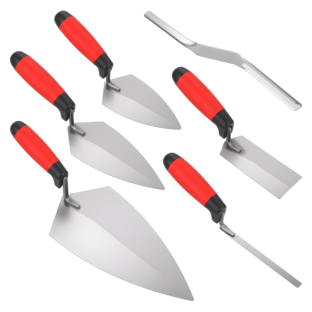 6 Pcs Masonry Hand Tool Set - 11" x 5-1/2" Philadelphia Brick Trowel, 2 Pcs Pointing Trowel, 5" x 2" Margin Trowel, 1/2" Tuck Pointing Trowel, 5/8” x 1/2” Convex Brick Jointer
