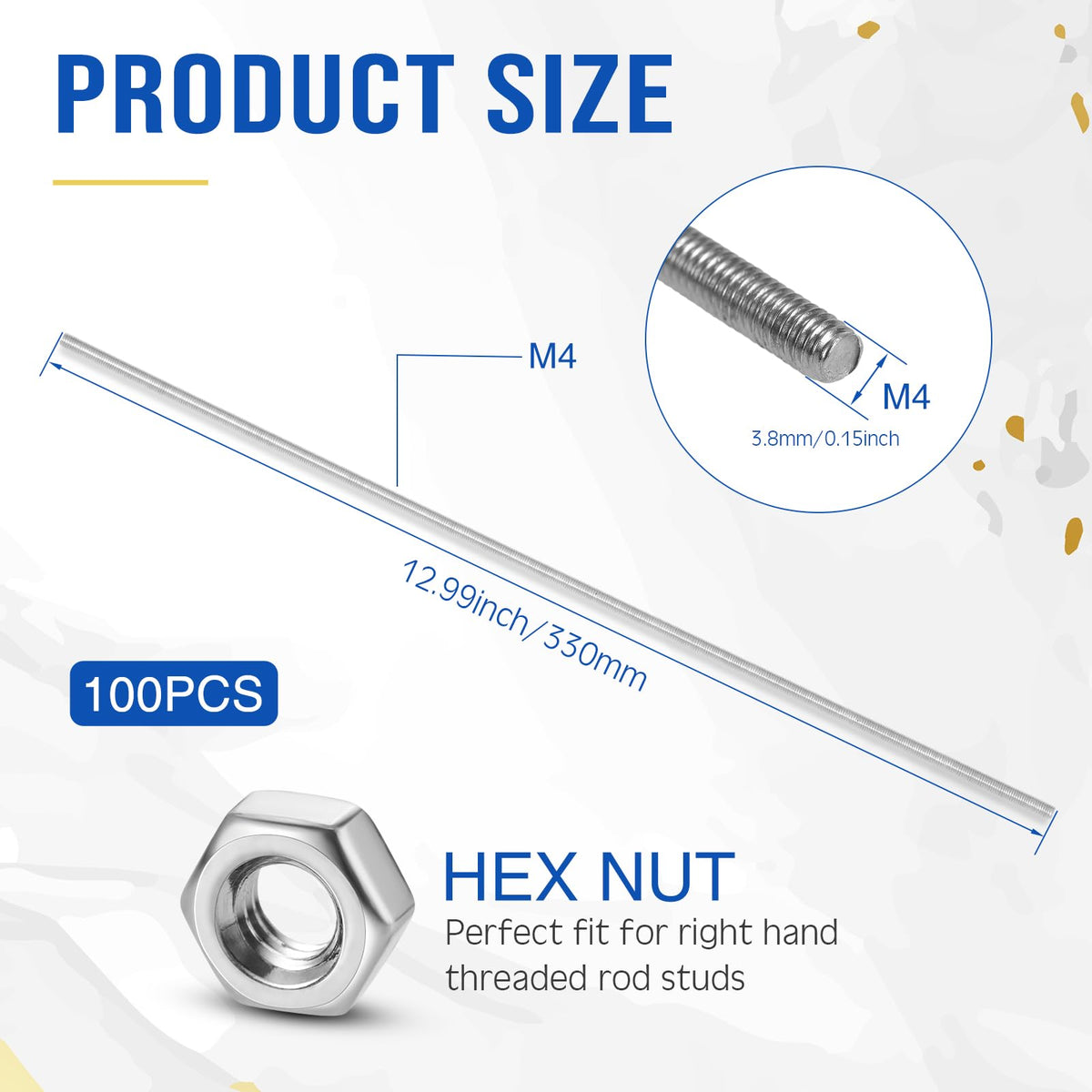 Blulu 100 Set 8/32 Inch Threaded Rods with Hex Nuts 12.99 Inch 100 Pcs Threads 100 pcs Stainless Steel Hex Nuts Right Hand Beaded Garden Stake Rods for Clamp Hanger