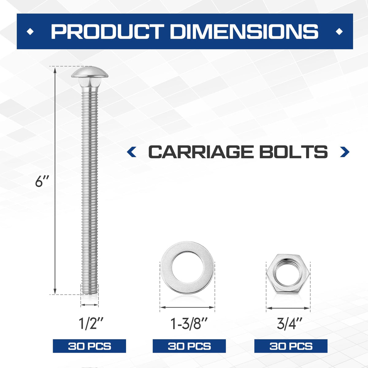 Otoolling 1/2" X 6" 30 Pack Galvanized Carriage Bolt Kit