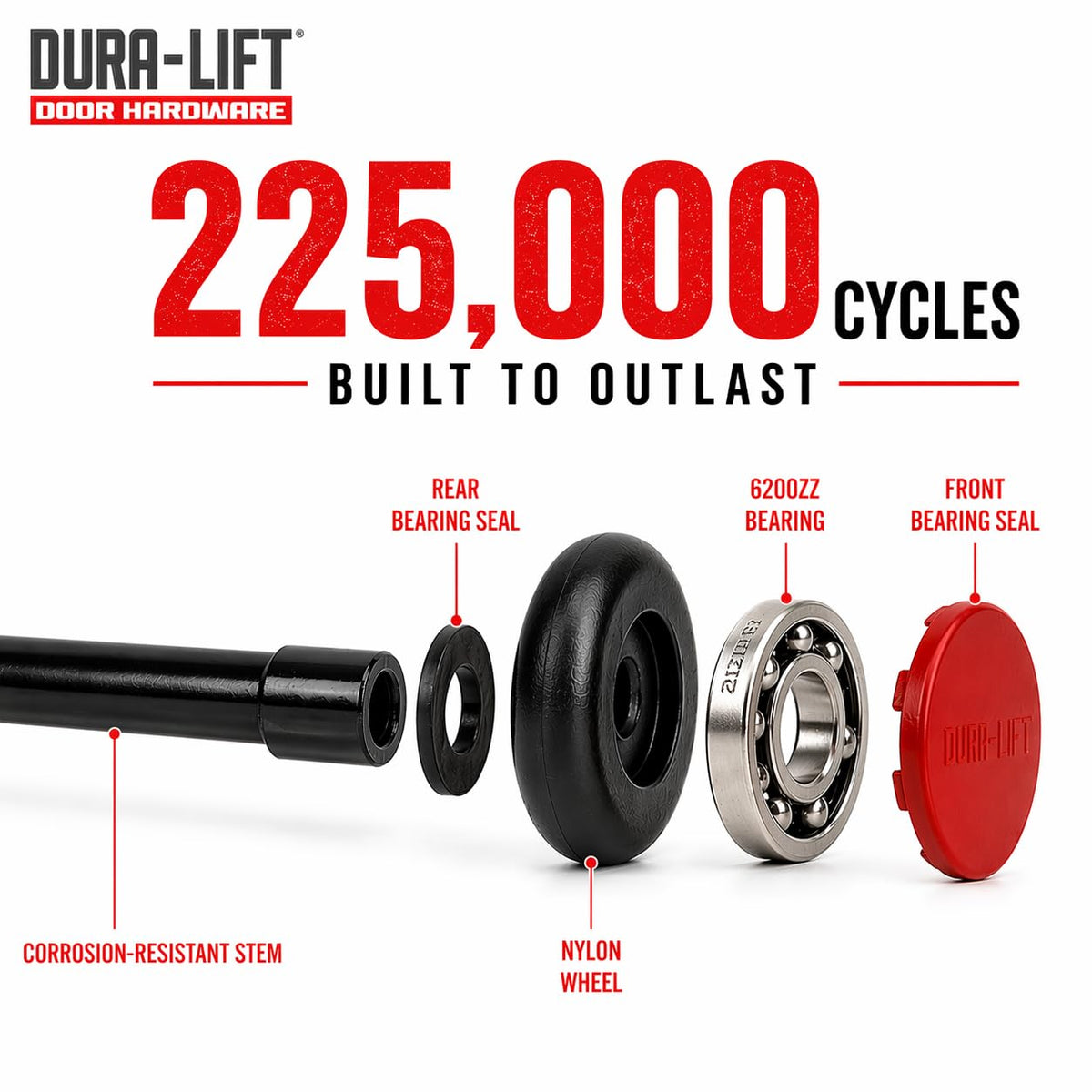 Dura-Lift Titan Premium Quiet Nylon Garage Door Rollers, 2 in. Wheel with Sealed 6200ZZ Bearing, 4 in. Corrosion-Resistant Stem, 10-Pack Replacement Kit for Sectional Track-Style Doors