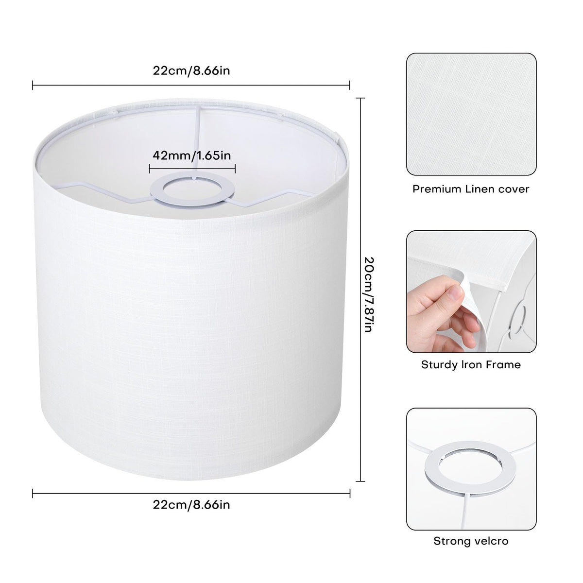 White Linen Small Drum Lampshade, 8.66" Top x 8.66" Bottom x 7.87" High Lamp Shade, Lamp Shade Replacement for Table and Floor Lamps, Pendant Light，Handcrafted Lampshade，Easy Assembly