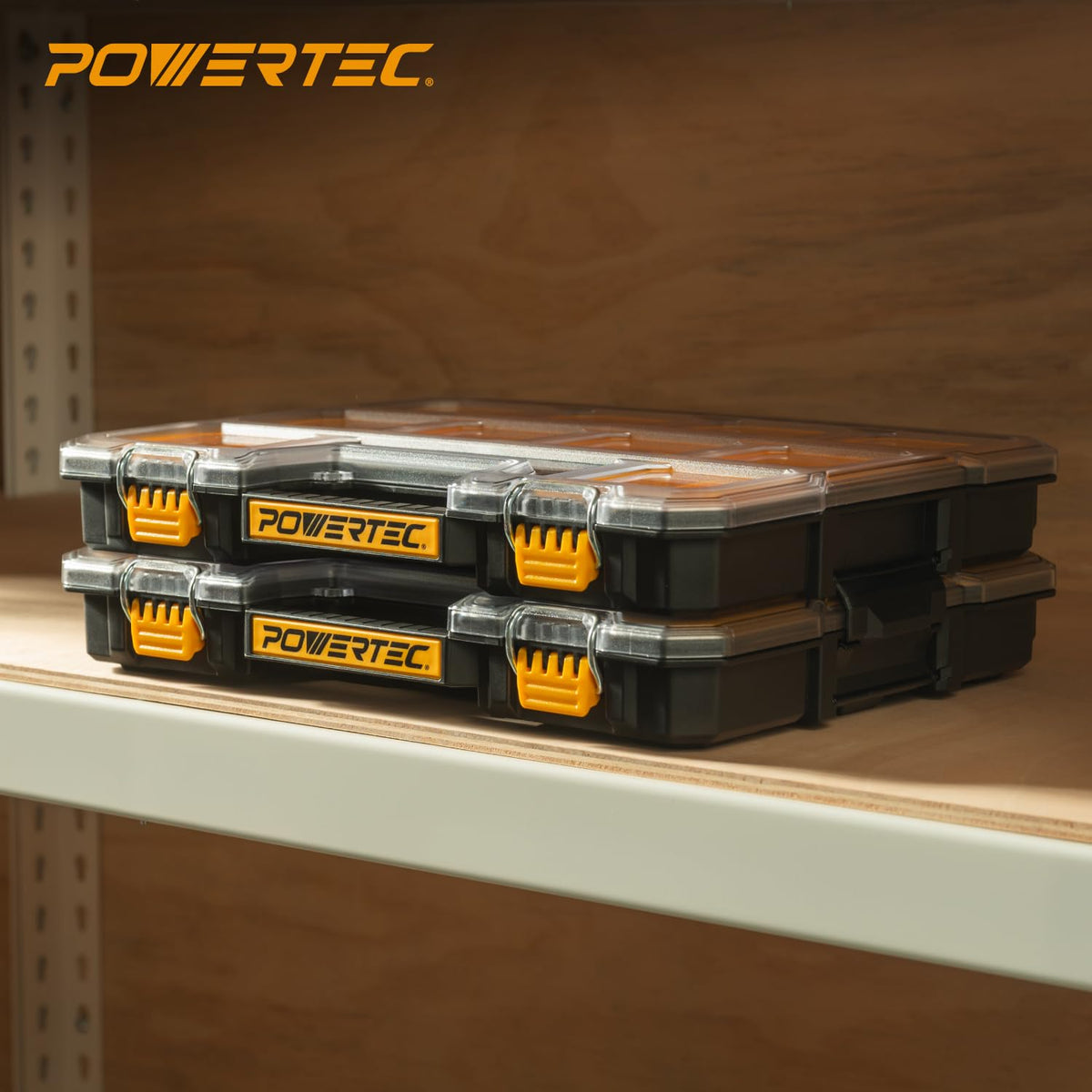 POWERTEC Small Parts Organizer & Tool Box – 20 Compartments, IP65 Water & Dust Protection, Stackable Storage with Interlocking Latch, Removable Bin, Dividers, Clear Lid, Portable Design (72366)