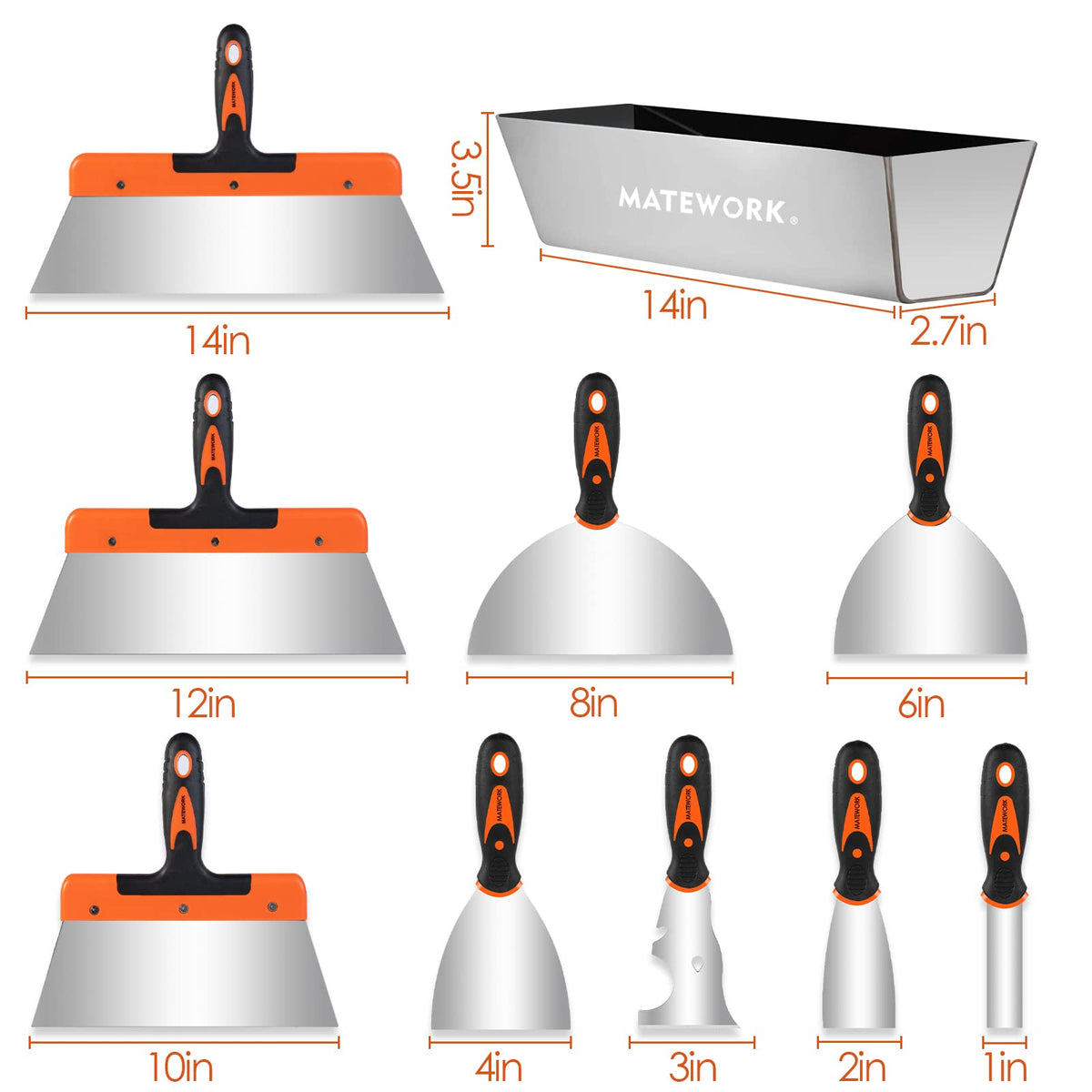 Matework Drywall Knife Set, 10Pcs Drywall Tools with 14” Mud Pan