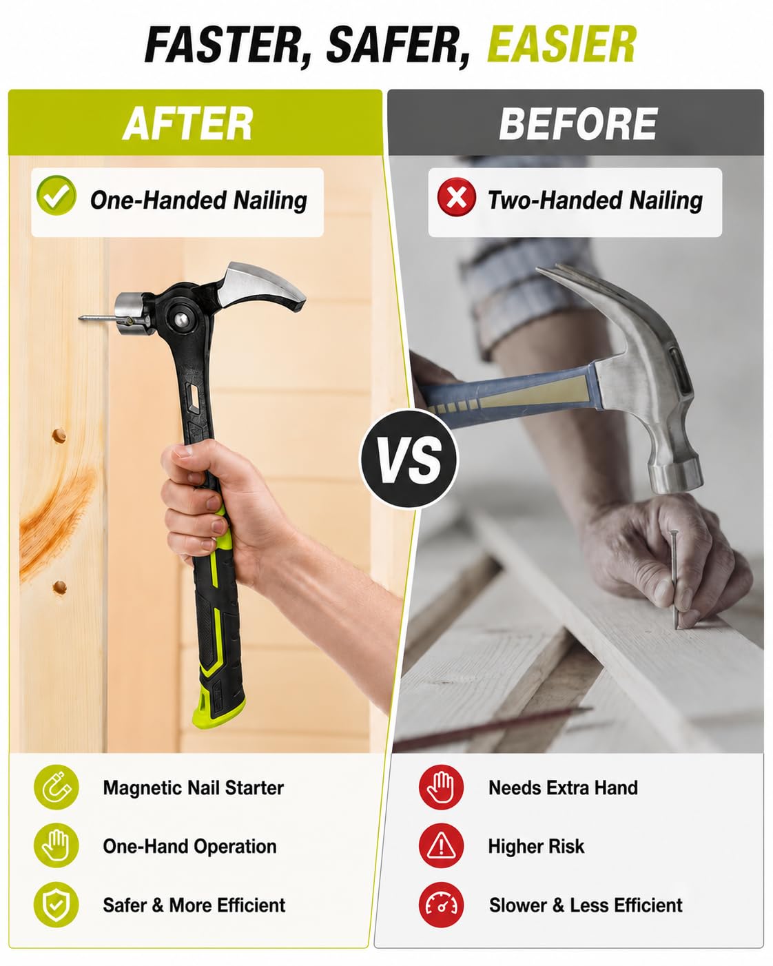 Adjustable Claw Hammer with 4-Position Nail Puller and Magnetic Starter