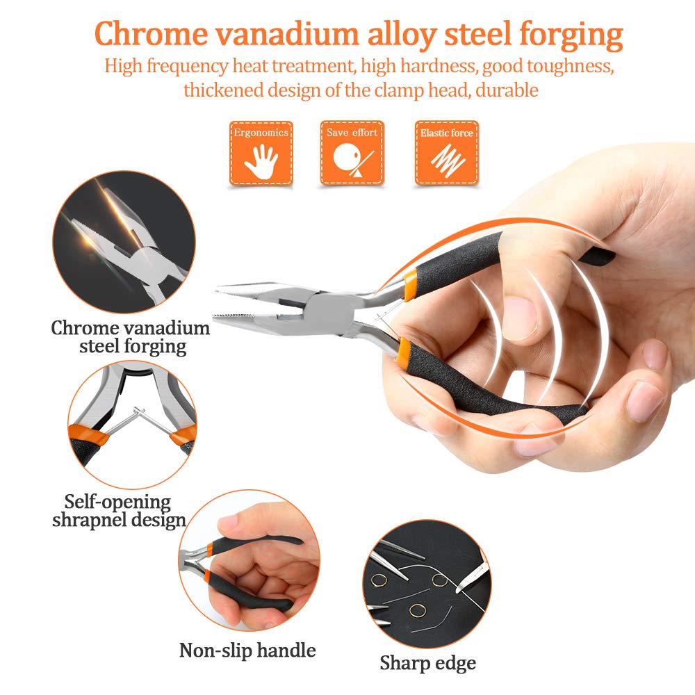 SOONAN 5 Pieces Mini Pliers, Long Lasting Tool Set Cable Cutters – Long Needle Nose, Long Nose, Nipper Bent Nose, End Cutting, Diagonal Cutting, Precision Pliers Set