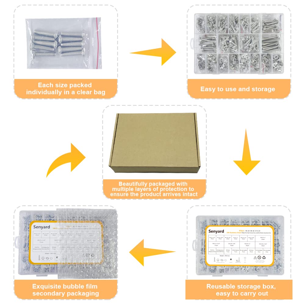 815pcs Machine Screws Assortment Kit,#10-24 #8-32 #6-32 Phillips Pan Head nut and Bolt Assortment Kit (with Lock&Flat washers・Wrenches) Stainless Steel Screw Bolt nut washers Assortment kit with case
