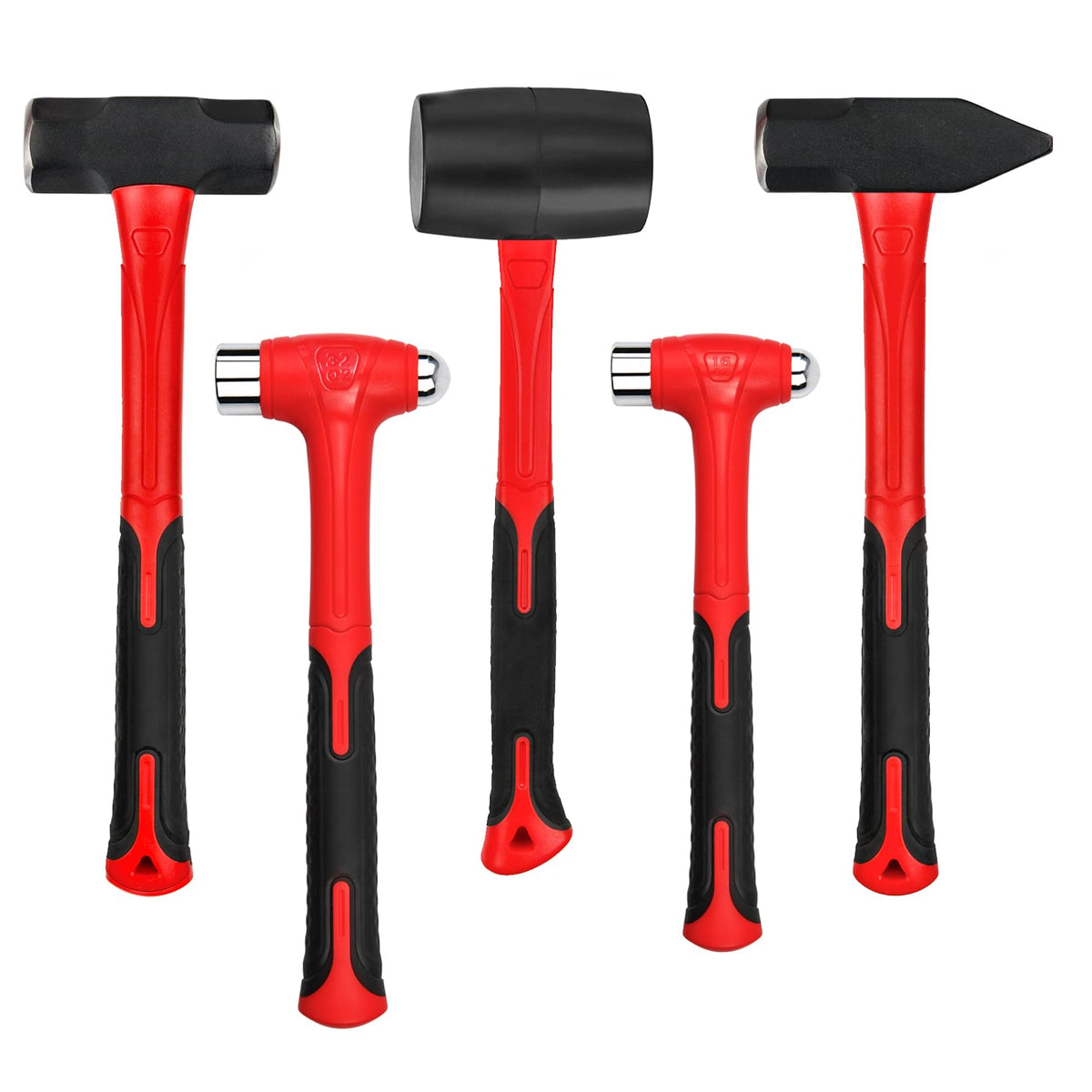 C&T 5-Piece Hammer Set, 16oz Ball Peen Hammer, 32oz Ball Peen Hammer, 32oz Rubber Mallet, 3lb Sledge Hammer, 3lb Cross Peen, Fiberglass Handle & Mallet Set