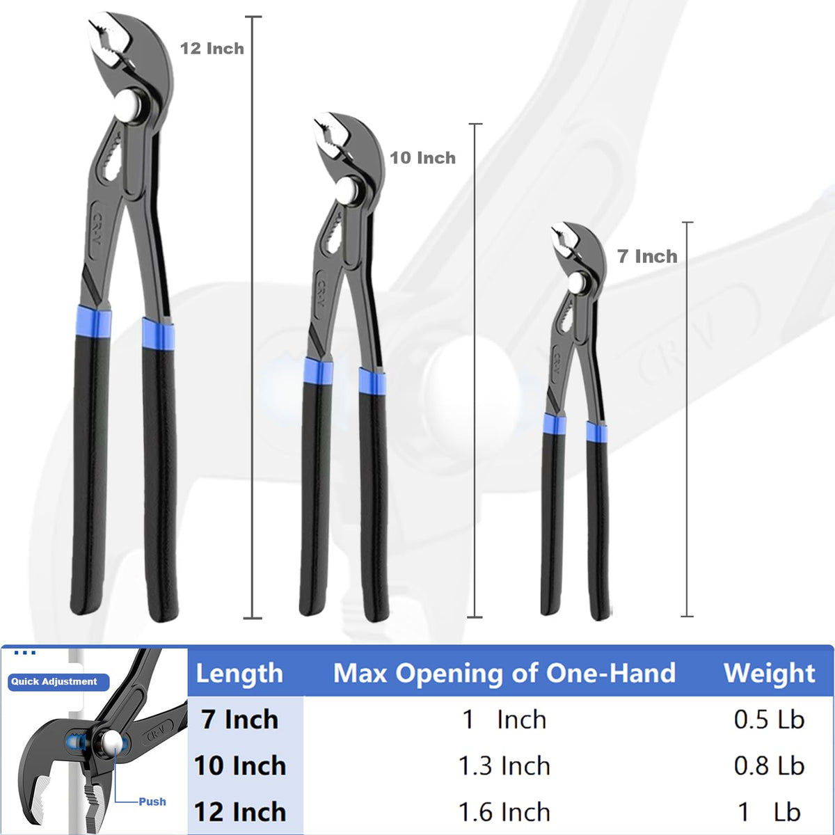 Channel Locks Plier Set of 3, Quick Adjust Groove Joint Pliers Set 7-inch, 10-inch, 12-inch, Groove Wrench Plier, Water Pump Pliers, Durable CR-V Steel Tongue