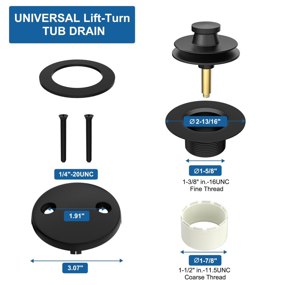 Fibetter Black Tub Drain Lift and Turn Trim Set with 2-Hole Overflow Cover, Bath Tub Drain Kit Bathtub Overflow and Drains Stopper Replacement, Matte Black