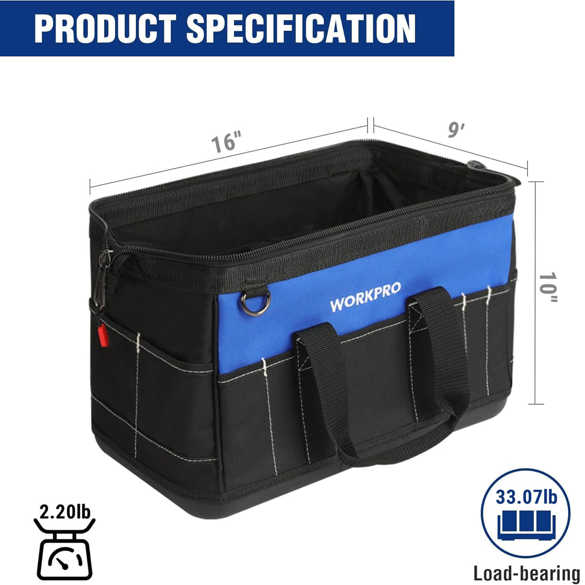 WORKPRO 16-inch Wide Mouth Tool Bag with Water-Proof Molded Base