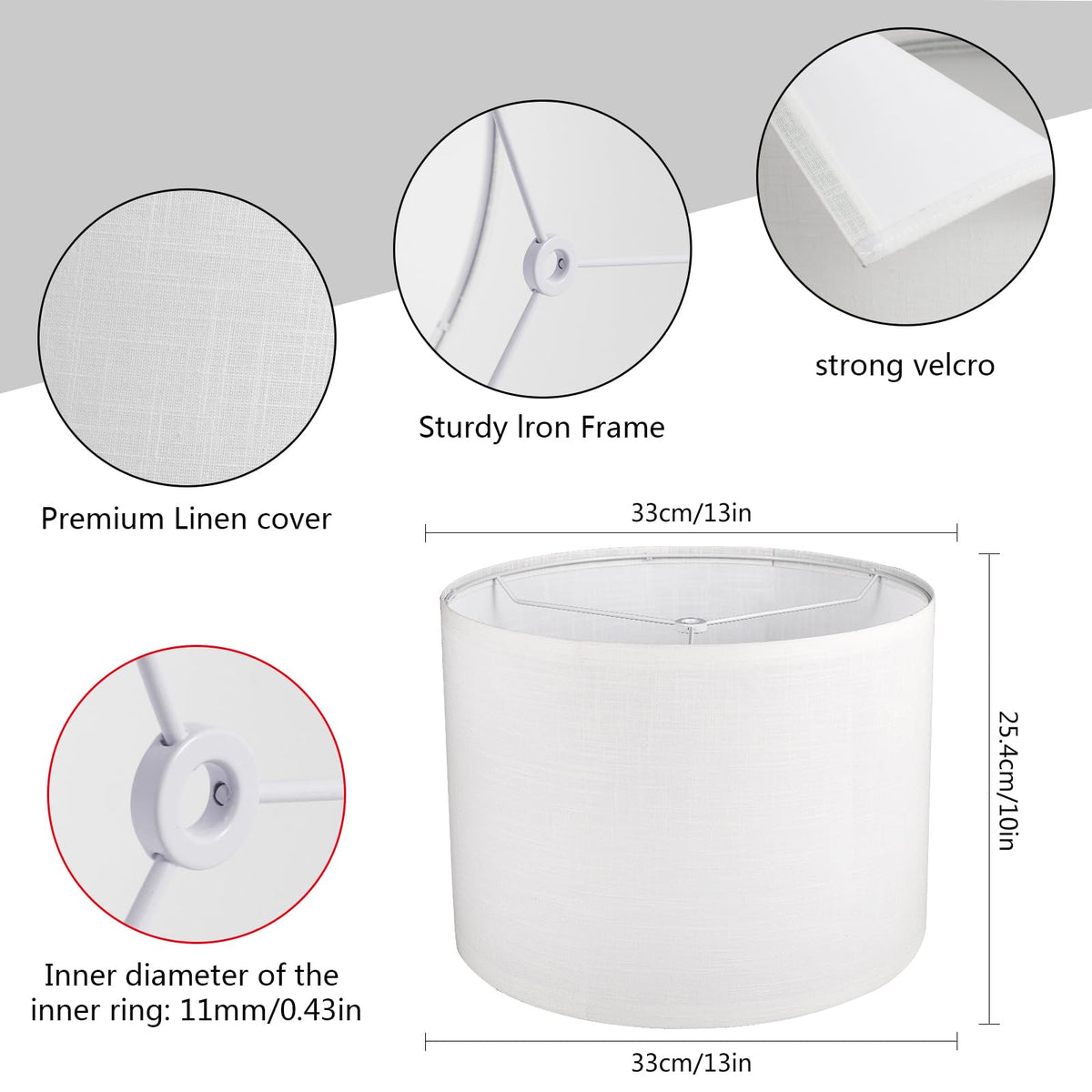 White Lamp shade, Drum Lamp Shade for Table Lamps Floor Lamp, 13" Top X 13" Bottom X 10" High White Large Line Fabric Lamp Shade, Easy Assembly Replacement Lampshade