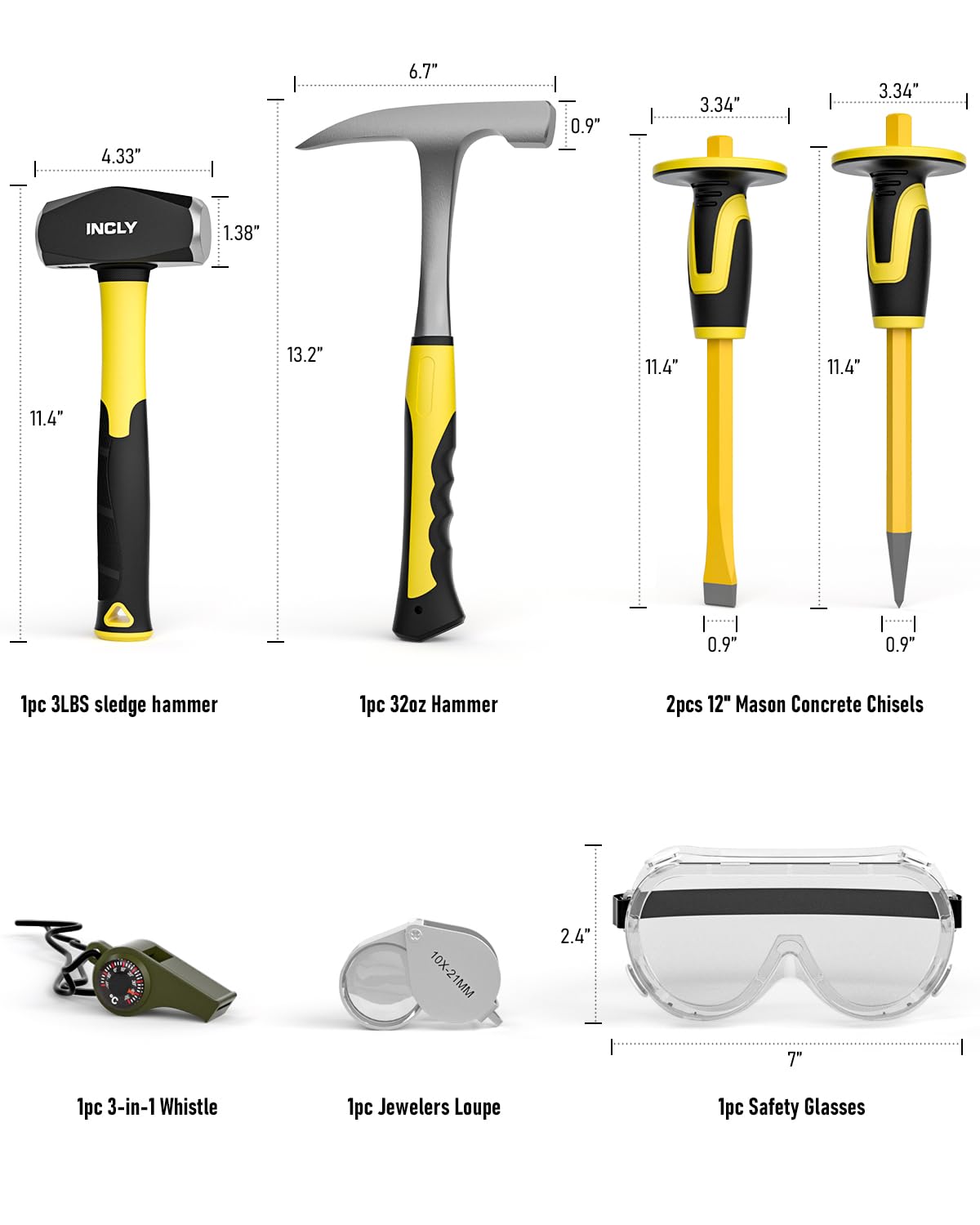 INCLY 7PCS Geology Rock Pick Equipment Kit, Rock Hammer and Chisel Set