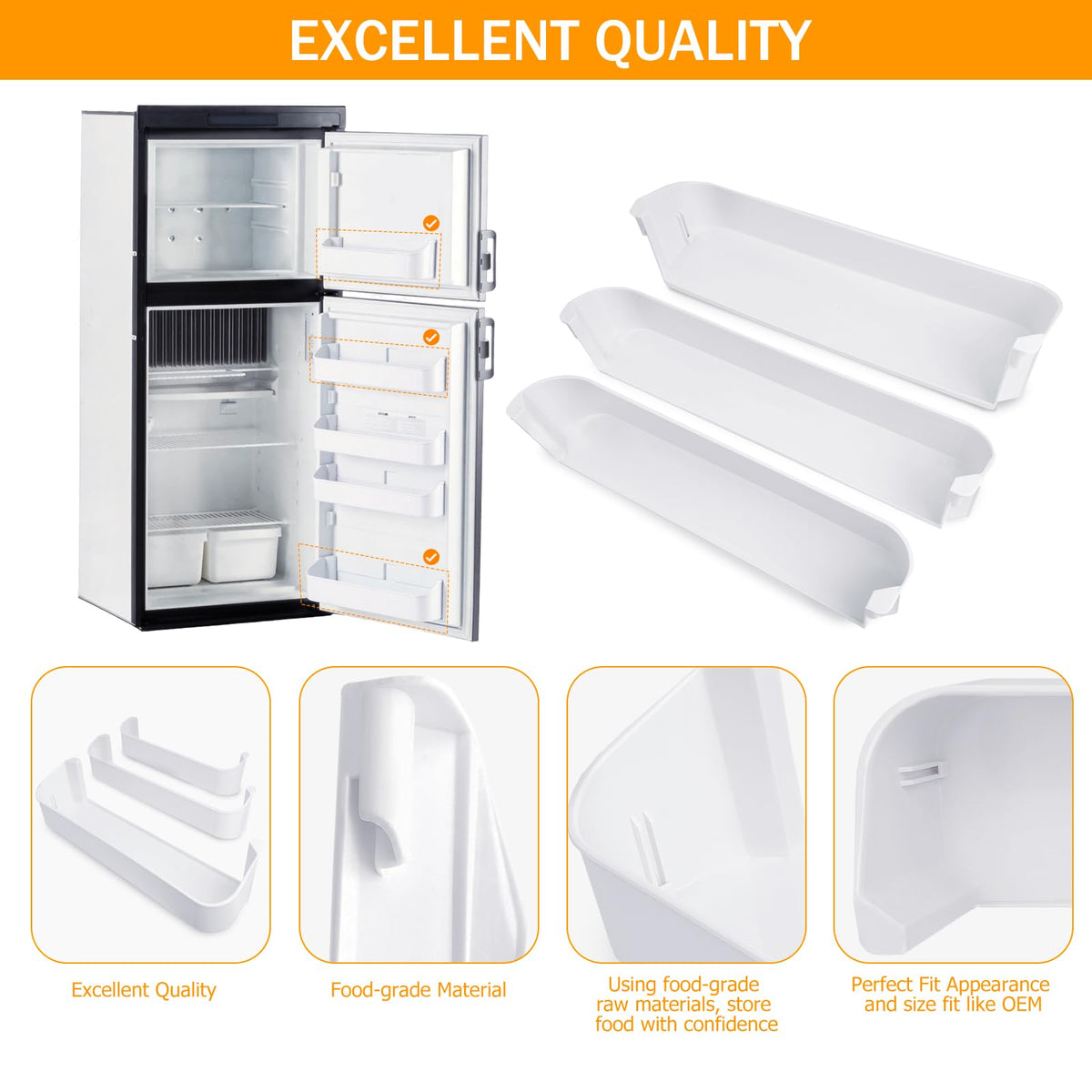Genukraft 29325760166 RV Fridge Door Shelf Replacement Kit, Fit for Dometic DM2652 DM2852 RM Series Fridges 3 Pack White Freezer Upper Bottom Door Bin Snap-In Food Grade Replacement