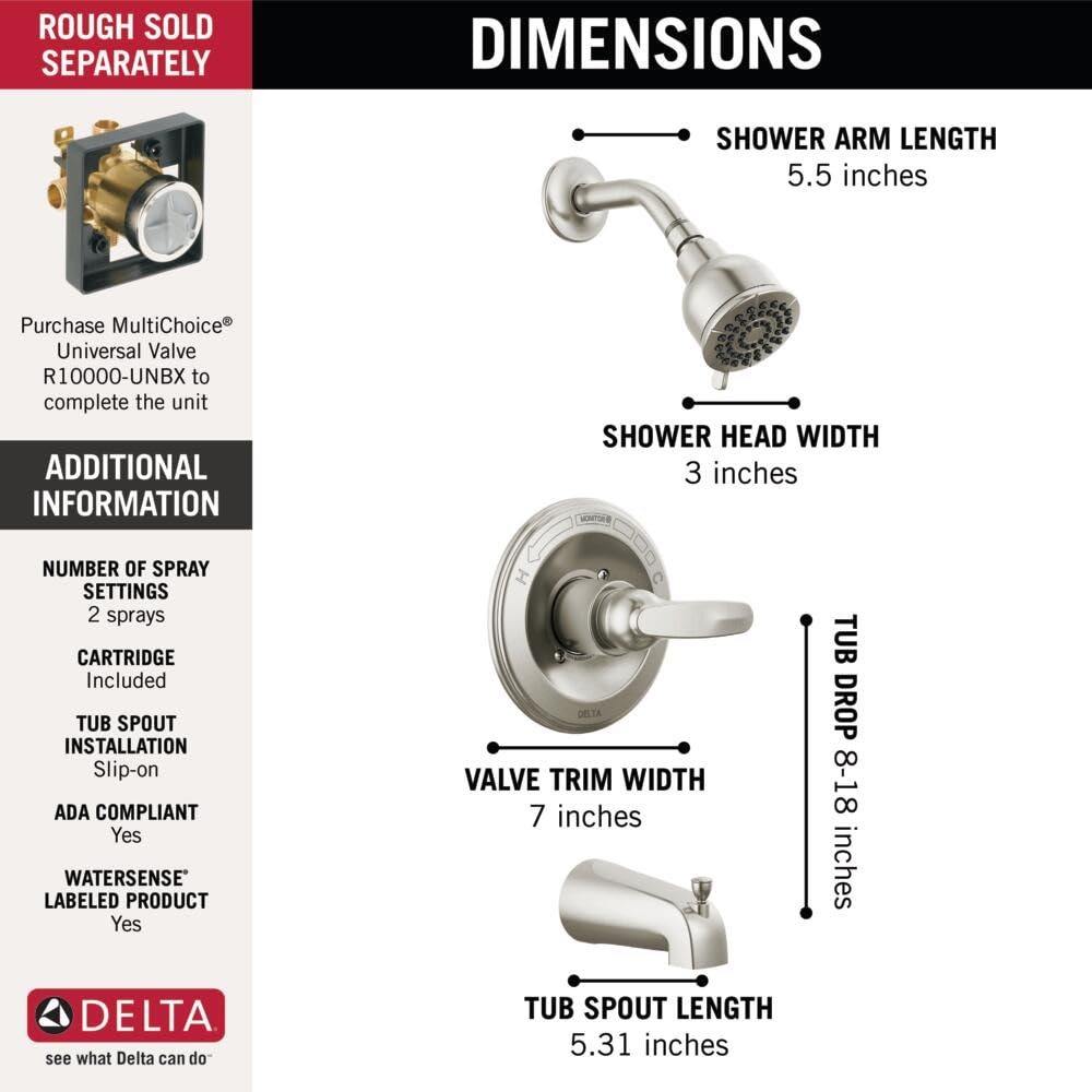 Delta Foundations 13 Series 2-Spray Bathtub and Shower Faucet Set, Brushed Nickel Shower Head and Handle Set, Valve Trim Kit, Stainless BT13410-SS (Valve Not Included)