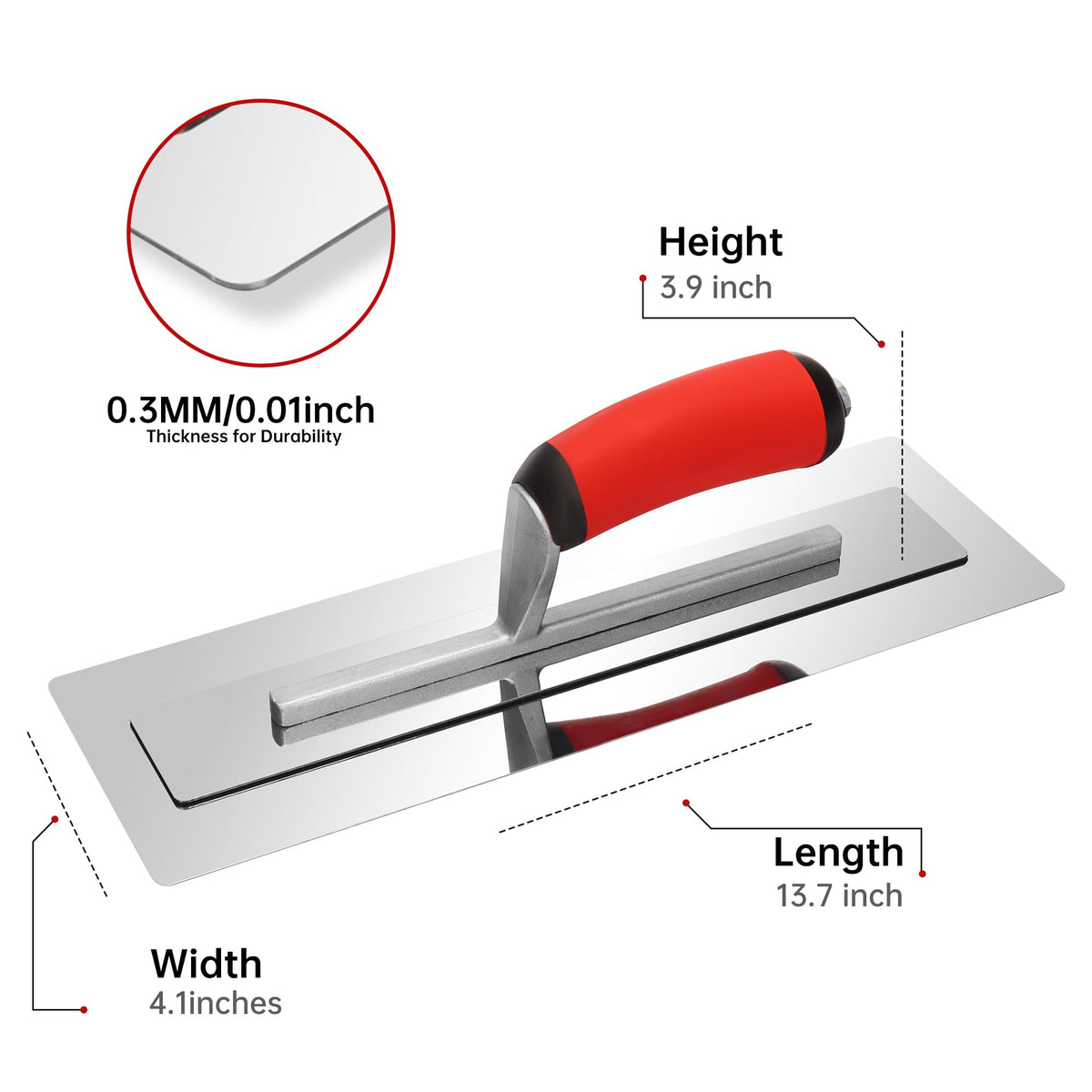 SUMED Drywall Finish Trowel, 13.7" x 4.1" Stainless Steel Blade