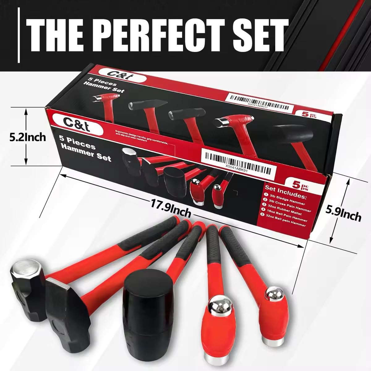 C&T 5-Piece Hammer Set, 16oz Ball Peen Hammer, 32oz Ball Peen Hammer, 32oz Rubber Mallet, 3lb Sledge Hammer, 3lb Cross Peen, Fiberglass Handle & Mallet Set