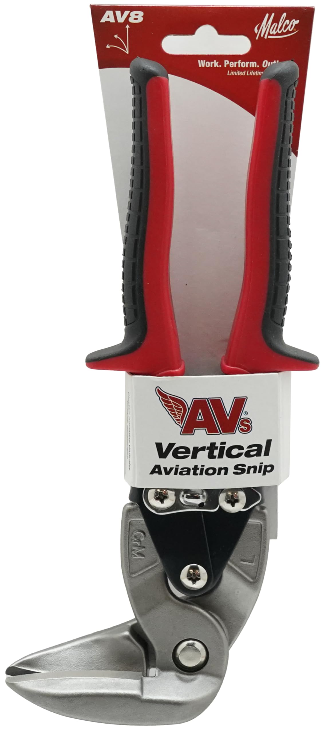 Malco AV8 Left Cutting Vertical Aviation Snips, 90-Degree Forged Steel Jaws for Overhead & Tight Spaces, Cuts 24-Gauge Steel & 28-Gauge Stainless, Red Non-Slip Cushion Grips