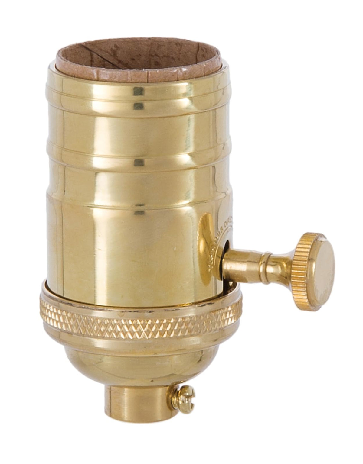B&P Lamp® Heavy Turned Brass Socket with Brass Knob, Polished and Lacquered Finish, 3-Way Function, No Uno Thread