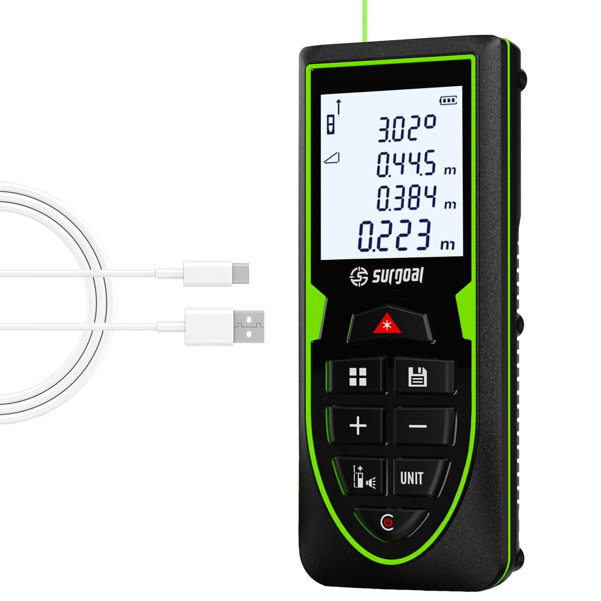 Green Laser Distance Measure USB-C Rechargeable Live XY Angle Sensor 393FT