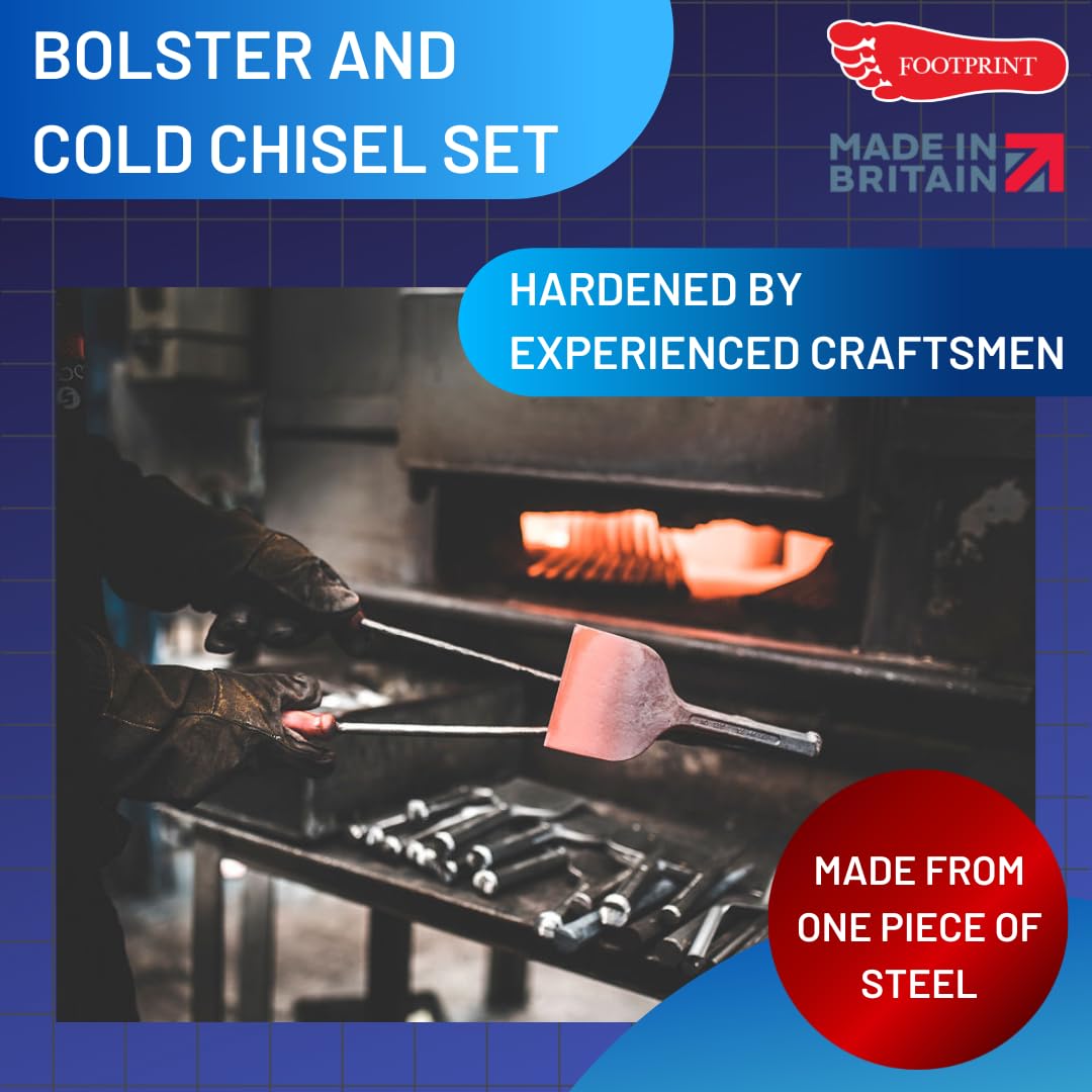 Footprint Bolster and Cold Chisel Set - Essential Heavy Duty Hand Tools for Builders, Bricklayers and DIY. Fully Forged for Superior Strength. Use on Brick, Mortar, Plaster, Floor, Stone.
