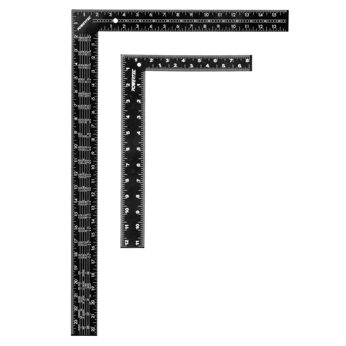 POWERTEC Carpenter Square Set, 16"x24" Framing Square w/Rafter Tables (1PK) & 8"x12" Square Ruler with Imperial & Metric Graduations (1PK) for Woodworking, Construction, Arts & Crafts (80037)