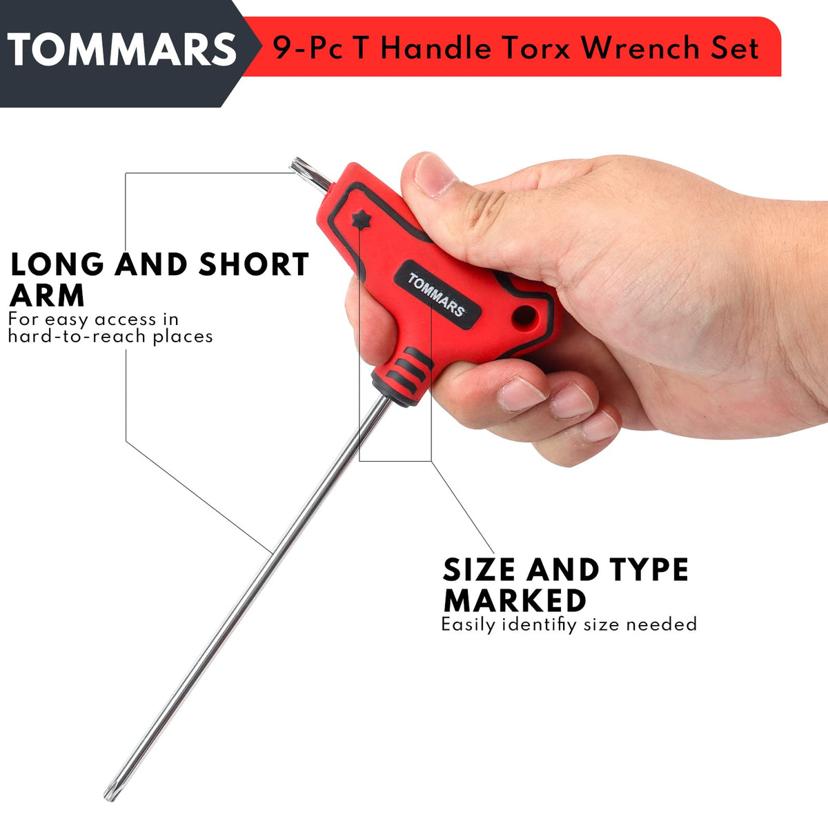 TOMMARS 9PC T-Handle Torx Wrench Set, Tamper Proof, T10-T50