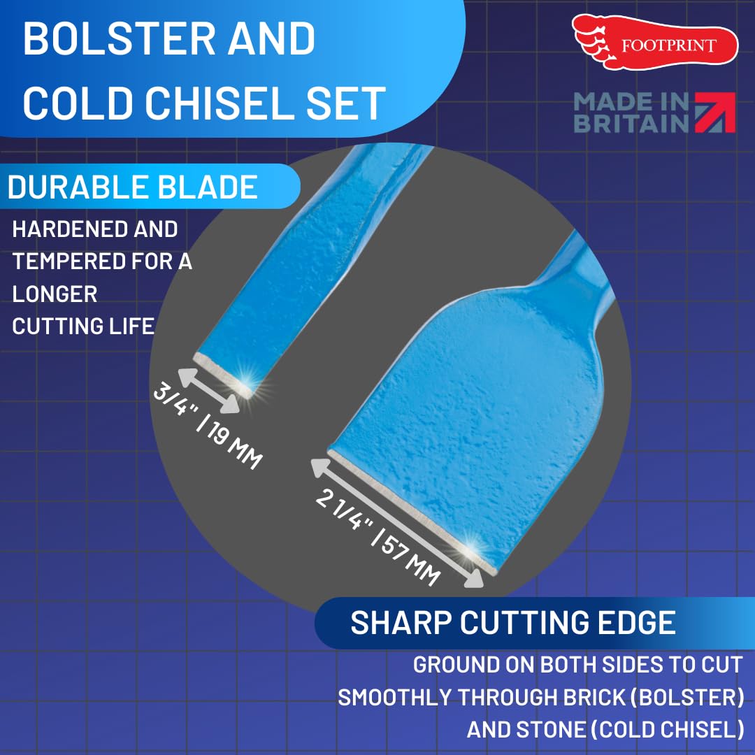 Footprint Bolster and Cold Chisel Set - Essential Heavy Duty Hand Tools for Builders, Bricklayers and DIY. Fully Forged for Superior Strength. Use on Brick, Mortar, Plaster, Floor, Stone.