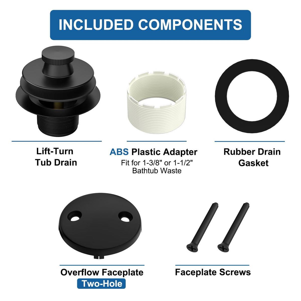 Fibetter Black Tub Drain Lift and Turn Trim Set with 2-Hole Overflow Cover, Bath Tub Drain Kit Bathtub Overflow and Drains Stopper Replacement, Matte Black
