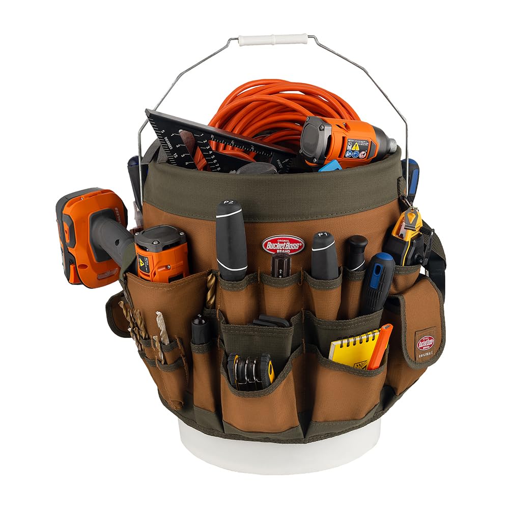 BucketBoss 10056 Bucket Boss 5 Gallon Bucket Canvas Tool Holder and Organizer with 56 Pockets for Bucket Organization in Brown and Green