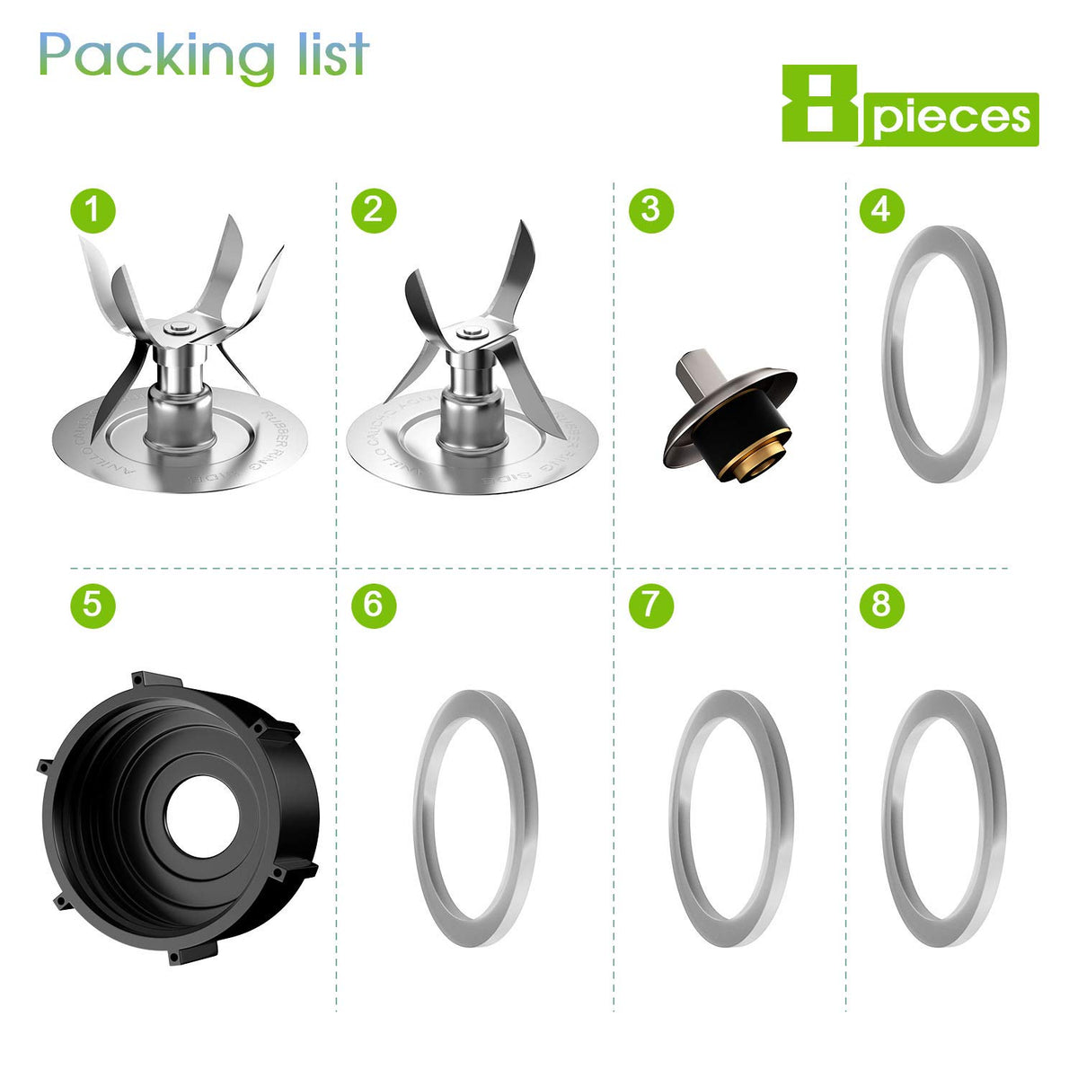 8-Piece Blender Replacement Parts Kit Compatible with Oster & Osterizer – 4-Point Blade, Base Cap, Gaskets & Coupler Pin – Fits 5 & 6 Cup Jars – Not for In2uitive Series