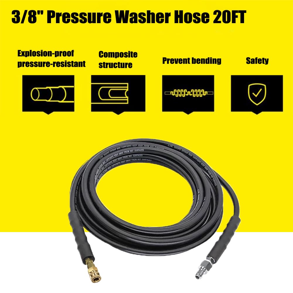 3/8" Pressure Washer Hose, 20FT Power Washer Hose High Pressure Hose Replacement Hose 3/8 Inch Quick Connect for Power Washer