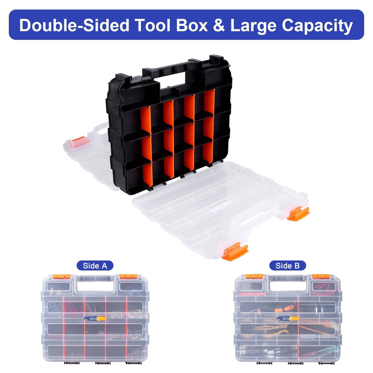 AllinRC Small Parts Organizer Double Sided Parts Organizer with Removable Dividers 34-Compartments Storage Bins for Hardware, Screws, Nuts, Bolts, Washers, Nails, Fasteners, Tools