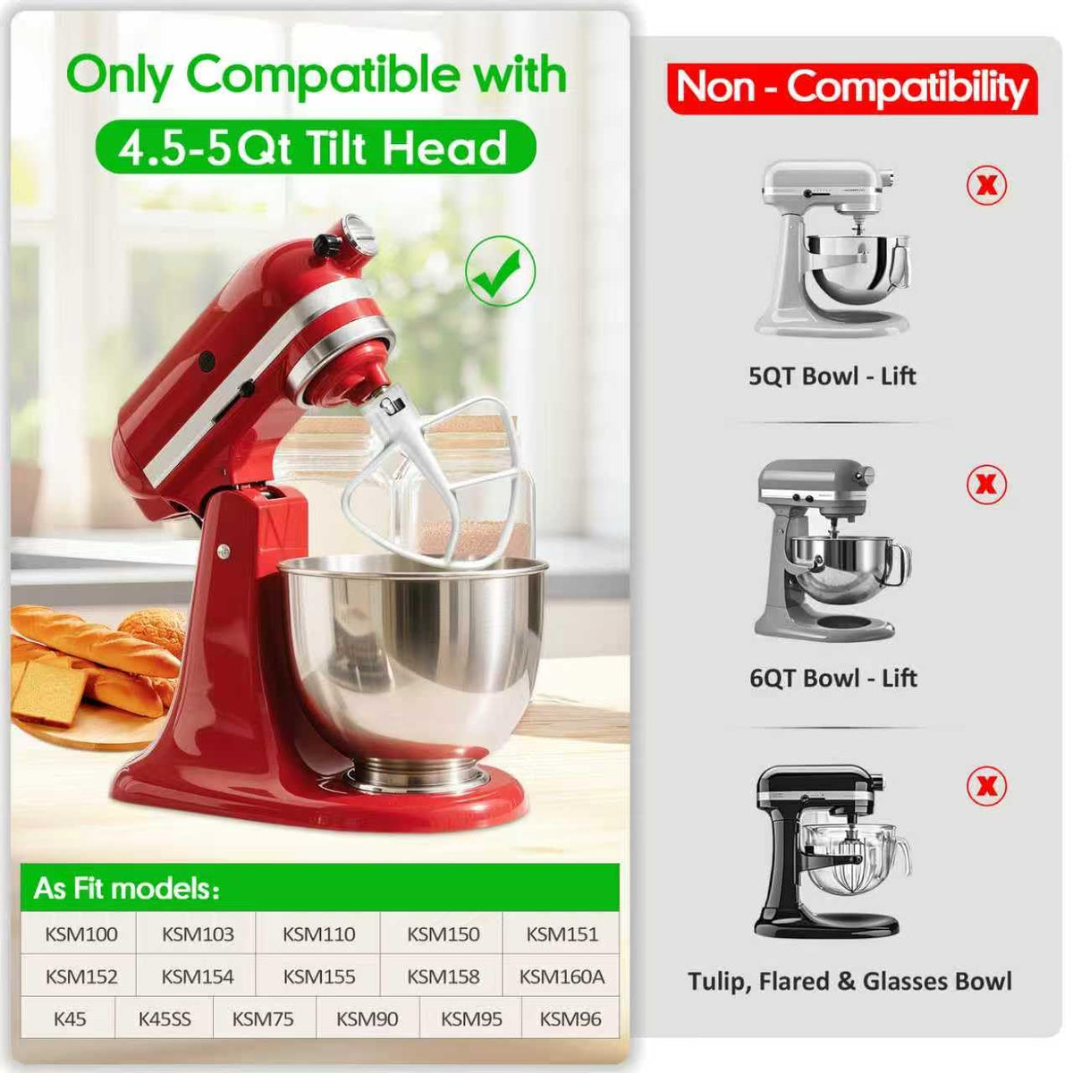 Coated Flat Beater Replacement for KitchenAid 4.5-5Qt Tilt-Head Stand Mixer