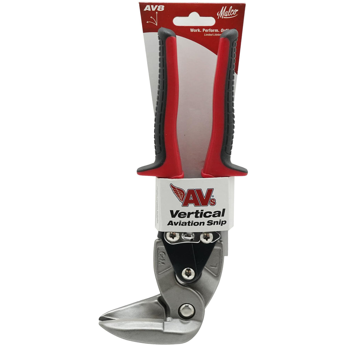 Malco AV8 Left Cutting Vertical Aviation Snips, 90-Degree Forged Steel Jaws for Overhead & Tight Spaces, Cuts 24-Gauge Steel & 28-Gauge Stainless, Red Non-Slip Cushion Grips