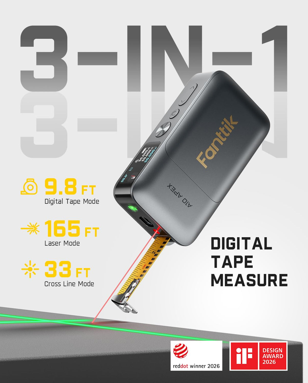 Fanttik A10 Apex 3-in-1 Digital Laser Tape Measure with Cross Line Laser
