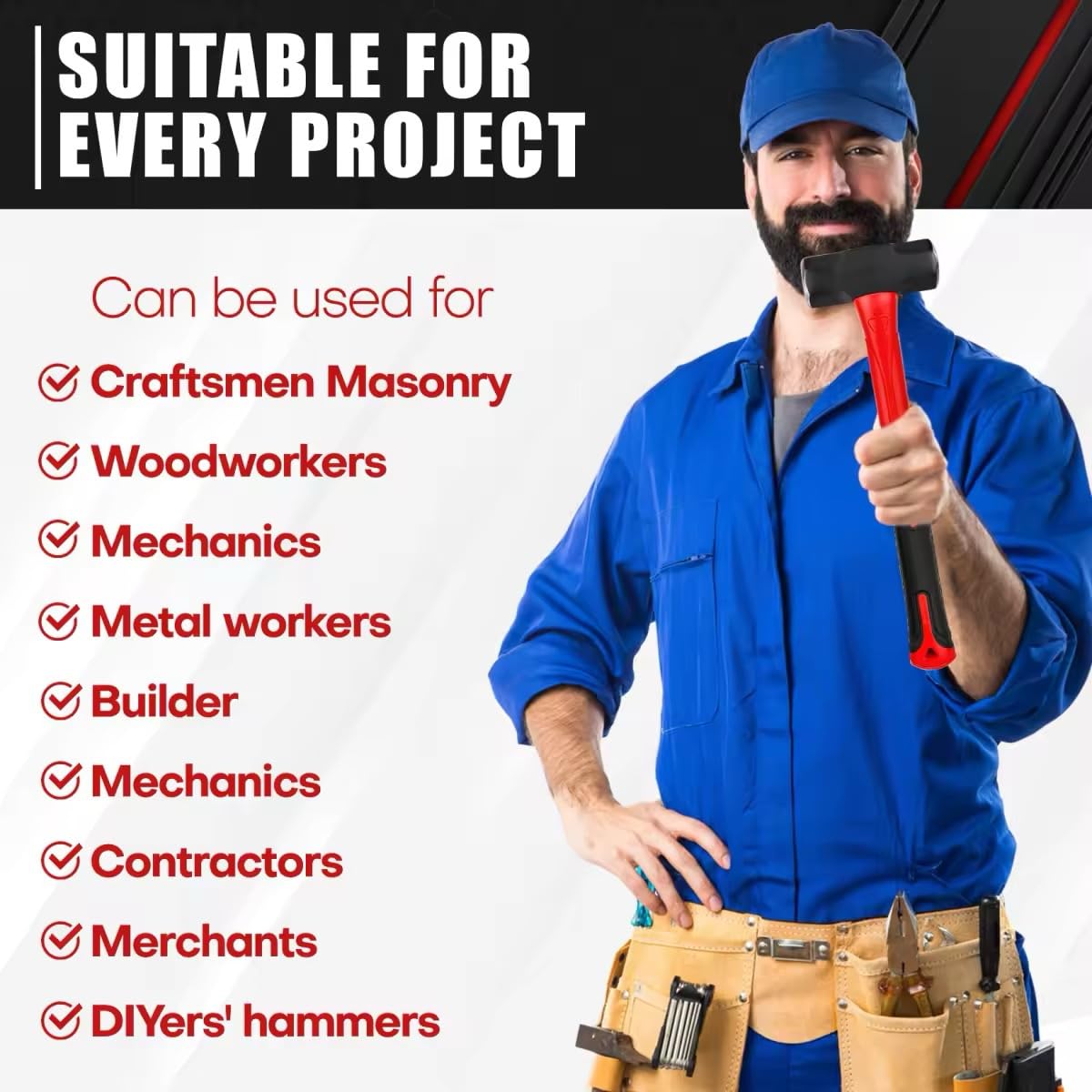 C&T 5-Piece Hammer Set, 16oz Ball Peen Hammer, 32oz Ball Peen Hammer, 32oz Rubber Mallet, 3lb Sledge Hammer, 3lb Cross Peen, Fiberglass Handle & Mallet Set